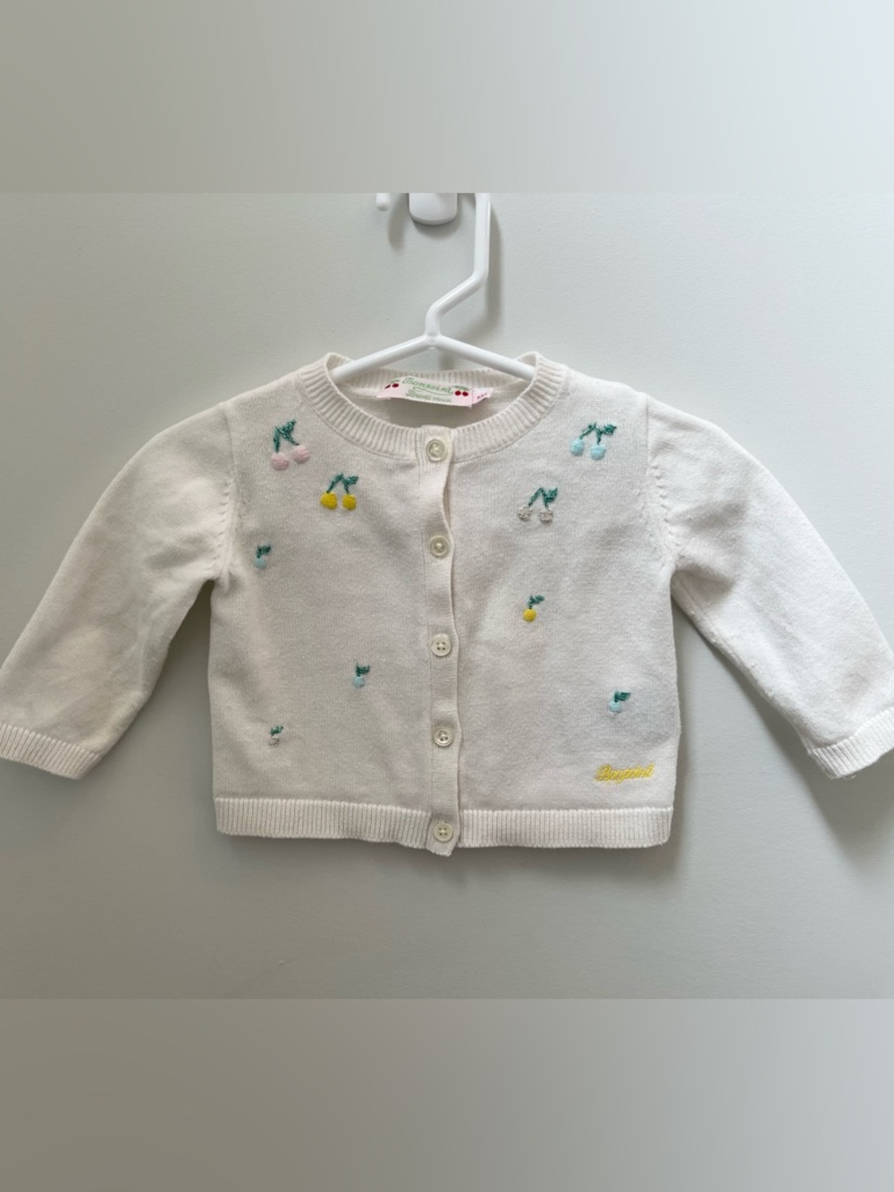 Bonpoint Cream Cardigan with Multicolored Cherry Embroidery